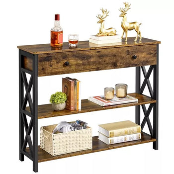 Rustic Brown Industrial Console Table with Drawer