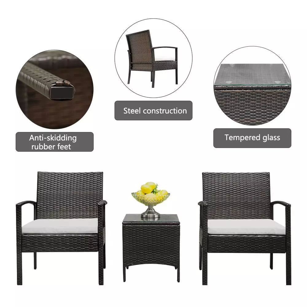 3pc Brown Gradient Rattan Wicker Sofa Table Chair Outdoor Furniture Set