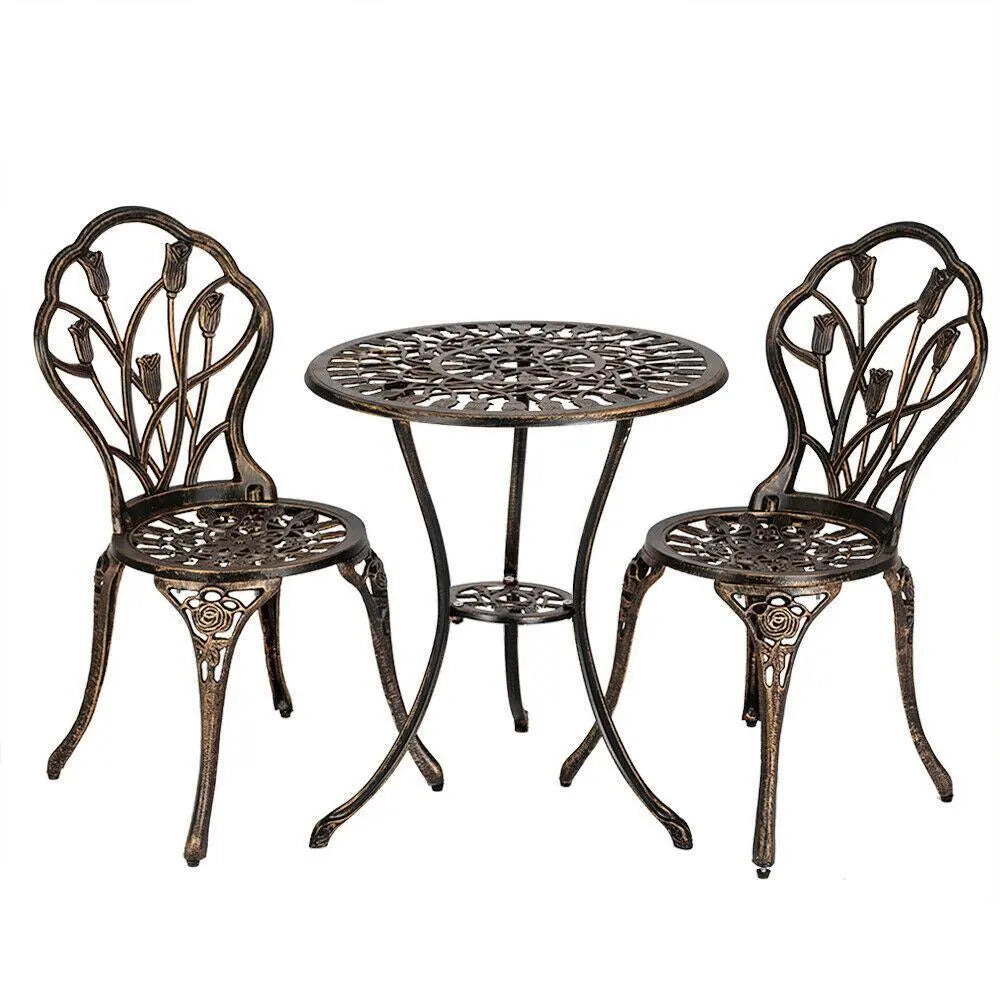 3pc Bronze Patio Bistro Set Iron Table Chair Outdoor Garden Furniture