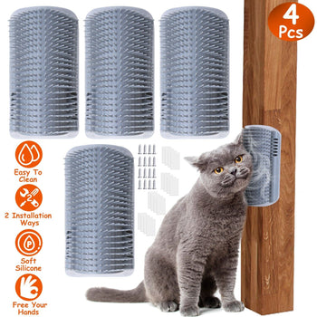 4pcs Cat Self-Groomer Brush Set Silicone Wall Corner Scratcher Kit