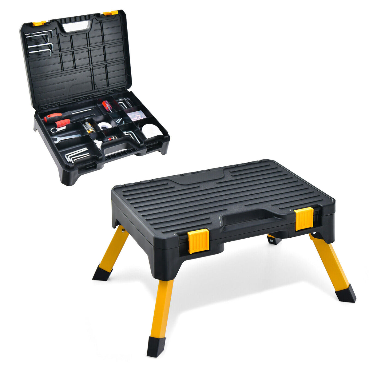 Foldable Step Ladder with Built-In Tool Box Non-Slip Step Stool