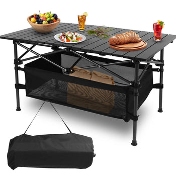 Folding Camping Table with Aluminum Top & Storage Basket Lightweight