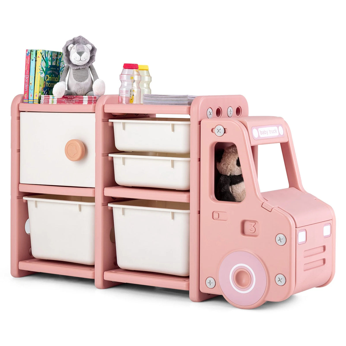 Truck-Themed Kids Toy Organizer with Storage Bins and Drawers Pink