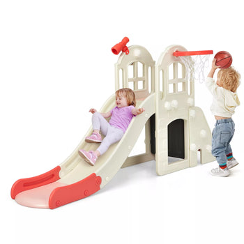 6-in-1 Kids Slide Playset with Climber, Basketball Hoop, and Ring Toss