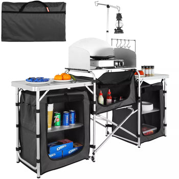 Folding Outdoor Camping Kitchen Table with Storage and Windscreen