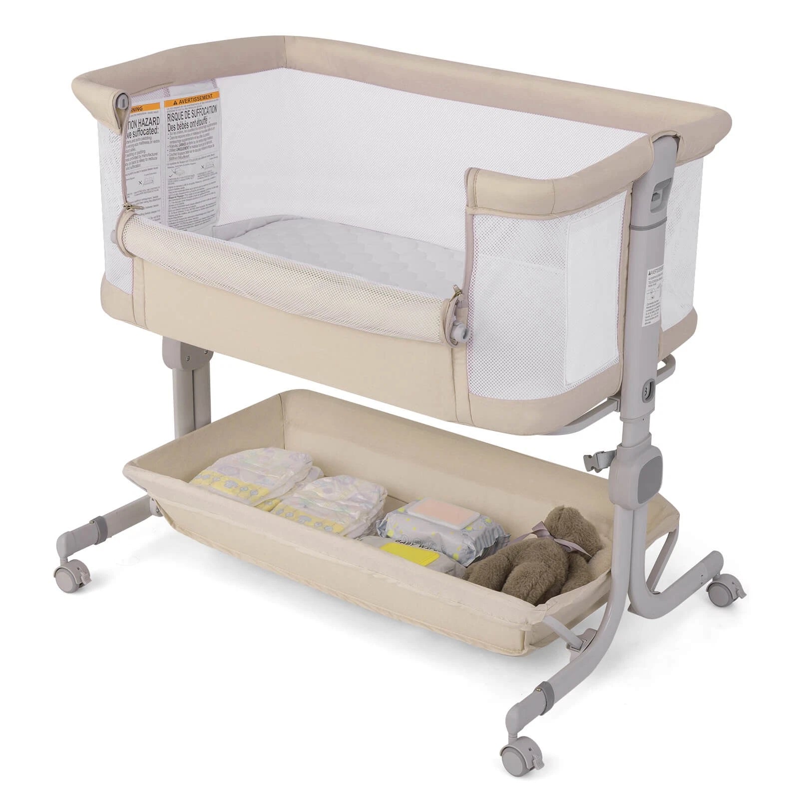 3-in-1 Baby Bassinet with Wheels, Storage & Adjustable Height Beige