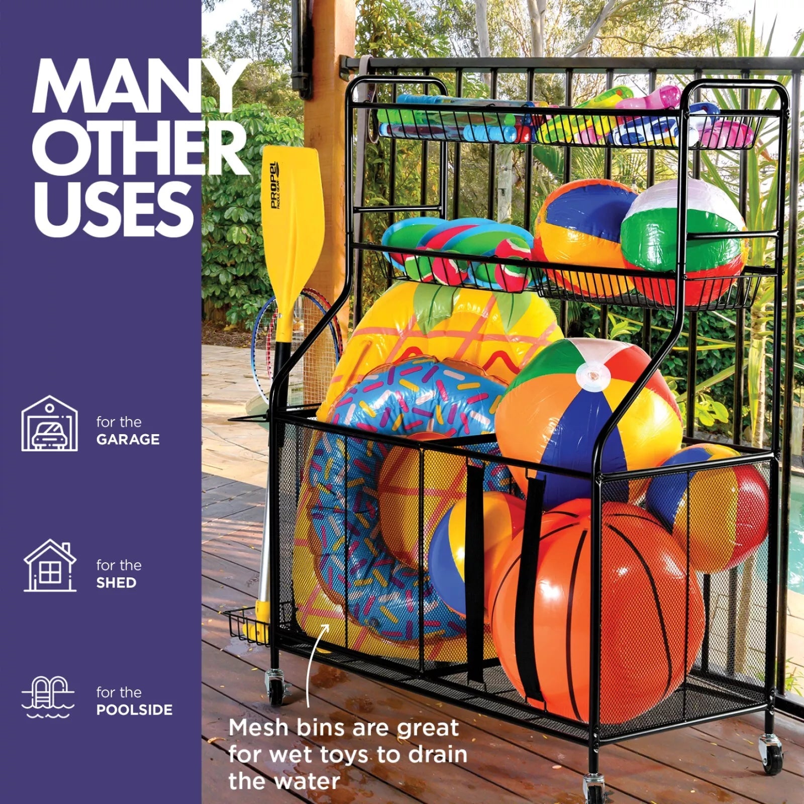 Rolling Sports Rack with Baskets & Ball Storage for Garage or Gym