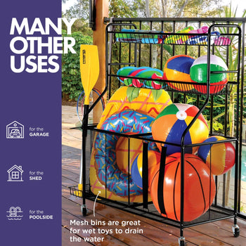 Rolling Sports Rack with Baskets & Ball Storage for Garage or Gym