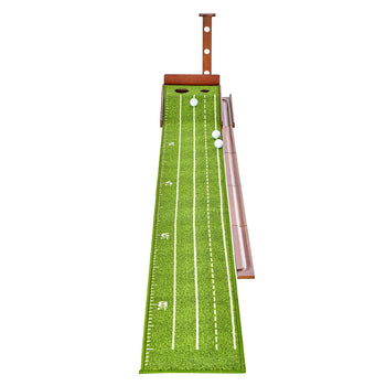 Indoor Golf Putting Mat with Ball Return, Wood Base & 2 Hole Design