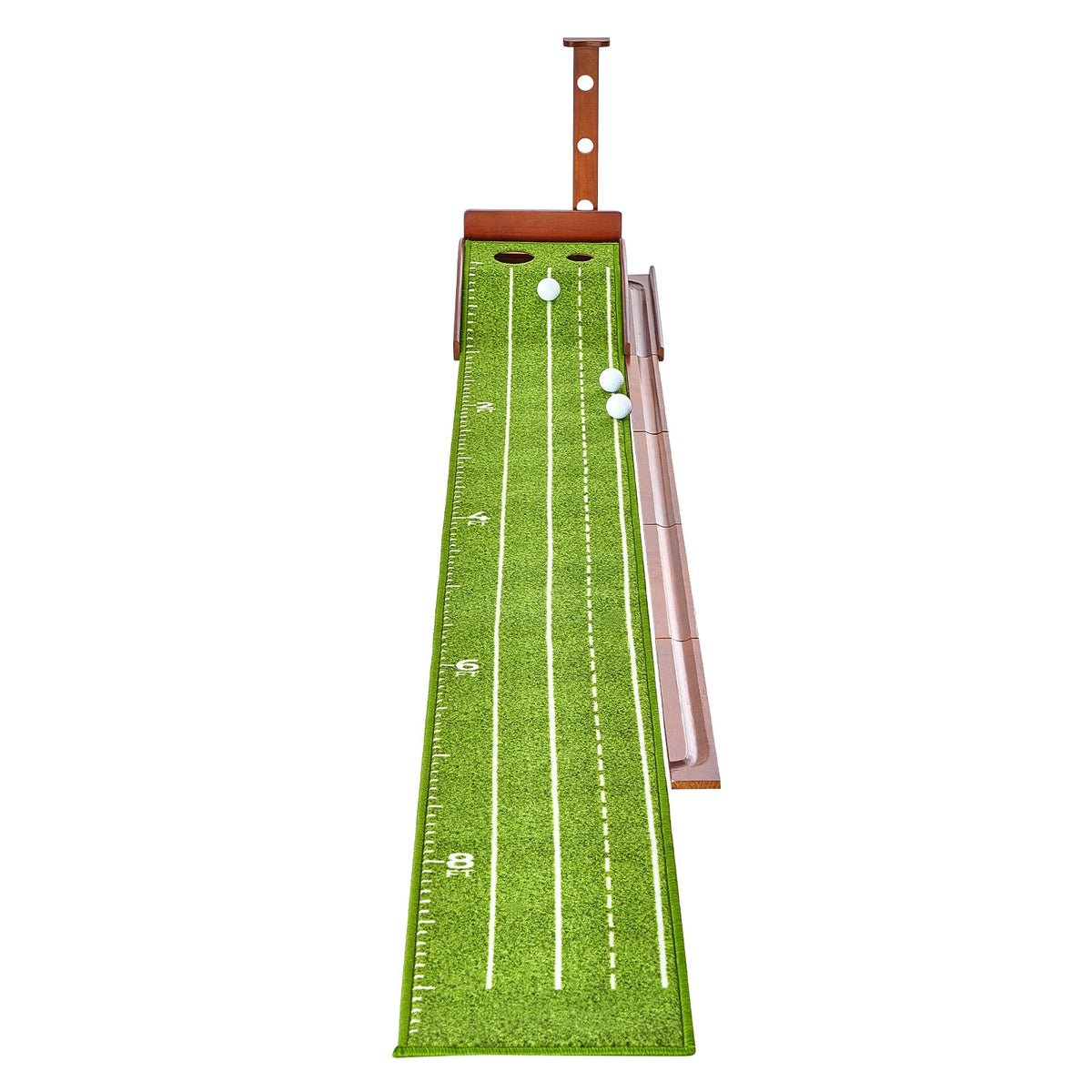 Indoor Golf Putting Mat with Ball Return, Wood Base & 2 Hole Design