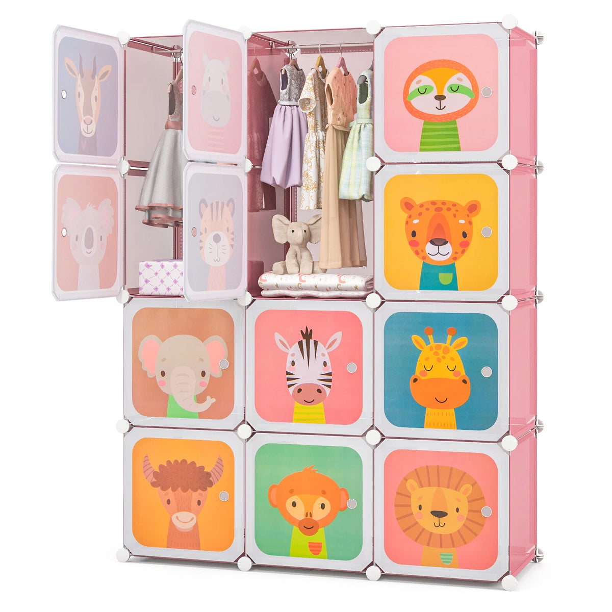 12-Cube Kids Closet Organizer with Hanging Rod & Animal Doors Pink