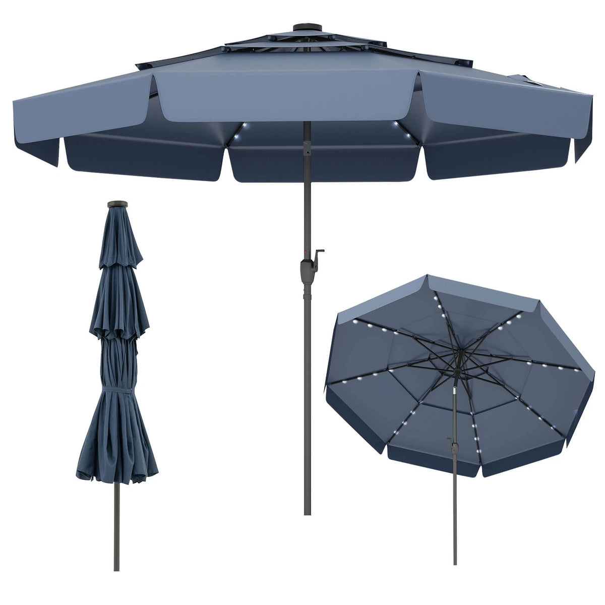 10 FT Solar Patio Umbrella with LED Lights and 3-Tier Vented Design