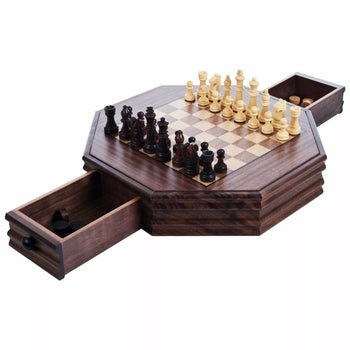 Octagon Wooden Chess and Checkers Set with Storage Drawers