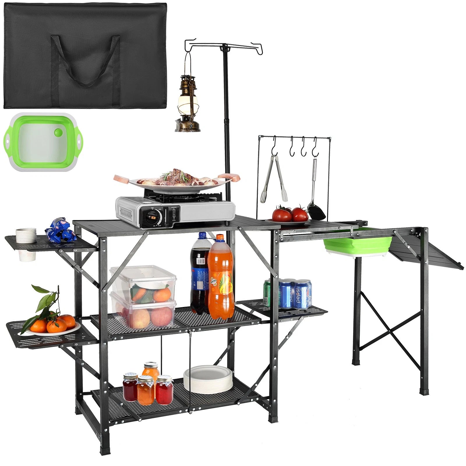 Camping Kitchen Table with Sink, Foldable Shelves & Aluminum Frame
