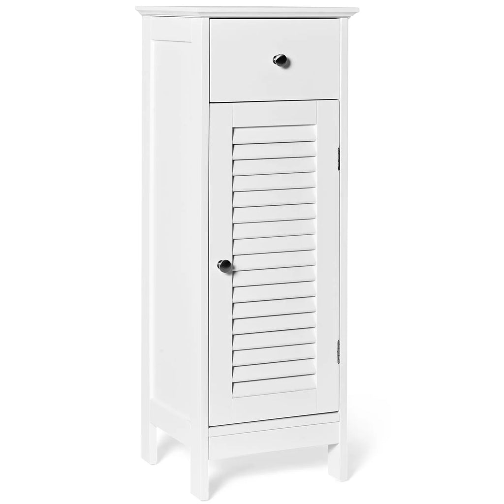 Slim White Bathroom Storage Cabinet with Drawer & Shutter Door