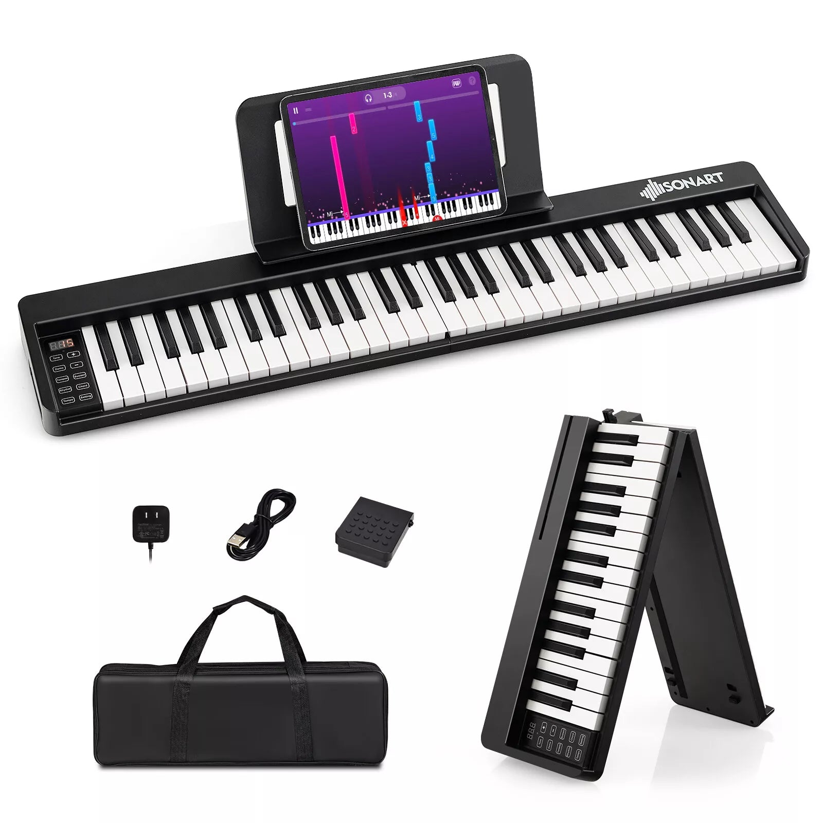 61-Key Folding Piano Keyboard with Semi-Weighted Keys  MIDI & Bluetooth