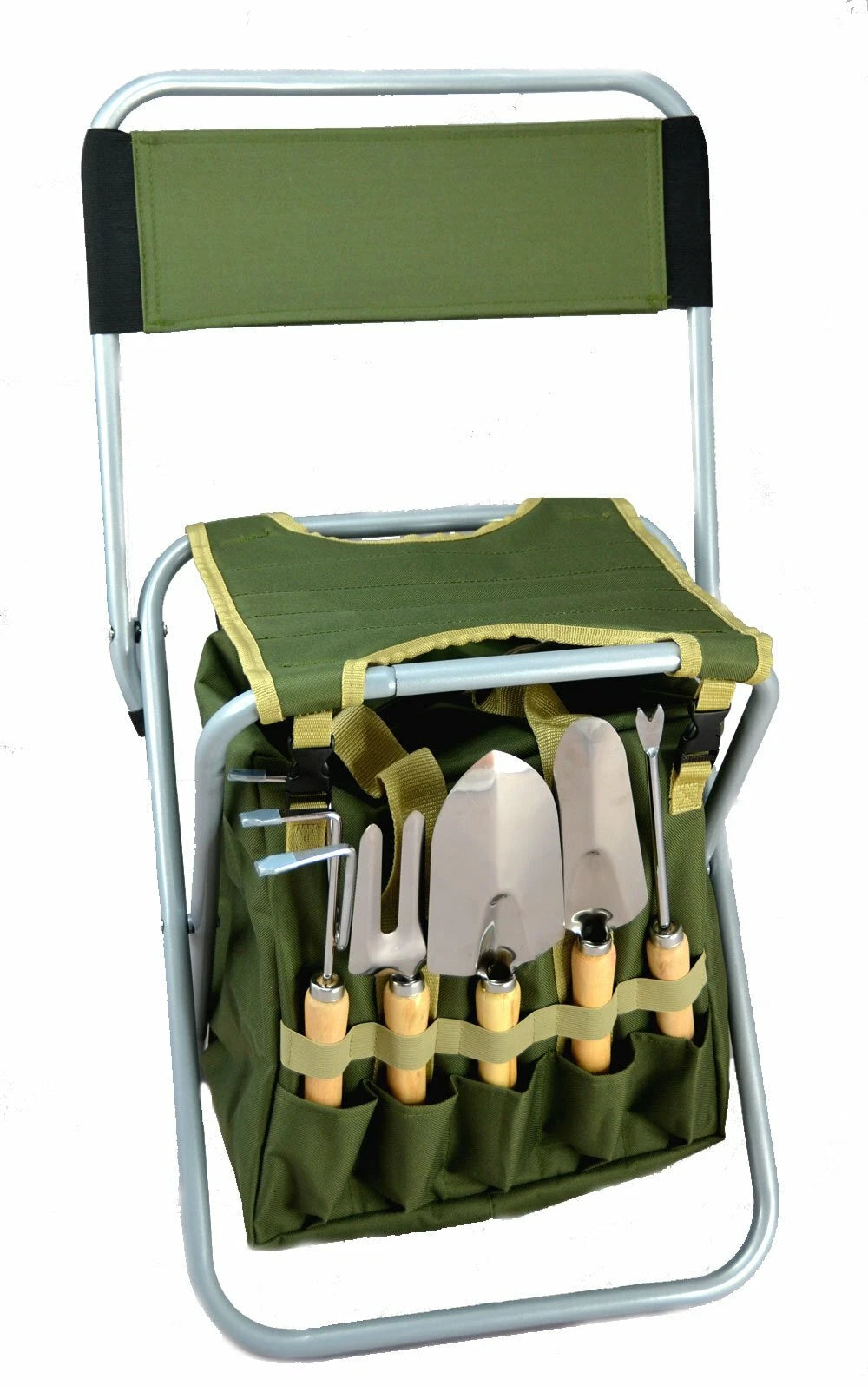 10pc Garden Tool Kit with Folding Seat Stool & Detachable Storage Tote