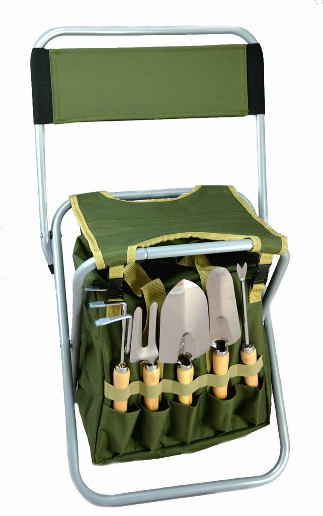 10pc Garden Tool Kit with Folding Seat Stool & Detachable Storage Tote