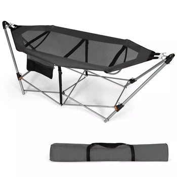 Foldable Grey Hammock with Iron Stand & Pocket for Patio Travel