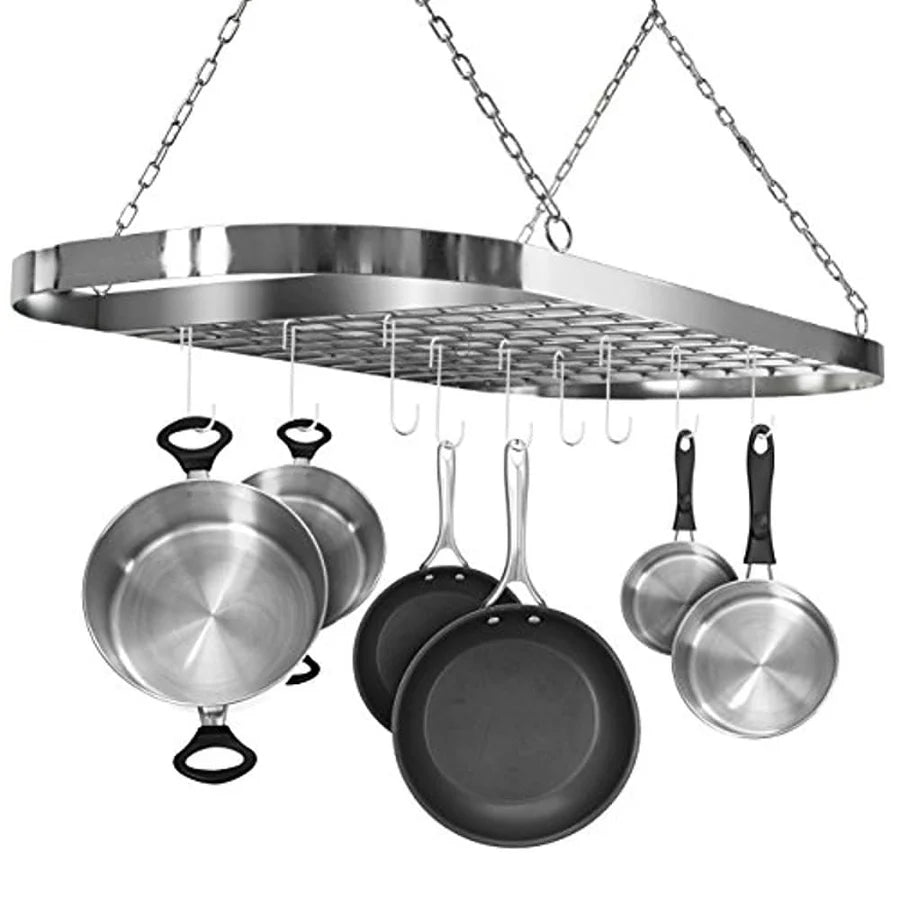 Ceiling Mounted Oval Pot Rack with 10 Hooks and Grid Shelf Silver