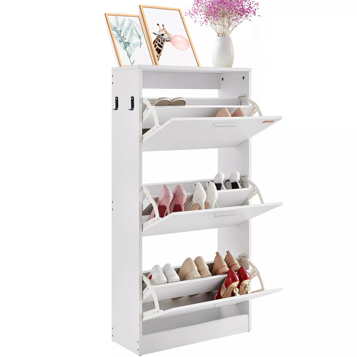 3-Drawer Shoe Cabinet Flip Drawers Storage White