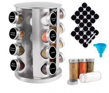 16 Jar Rotating Spice Rack Organizer with Glass Jars and Label Set