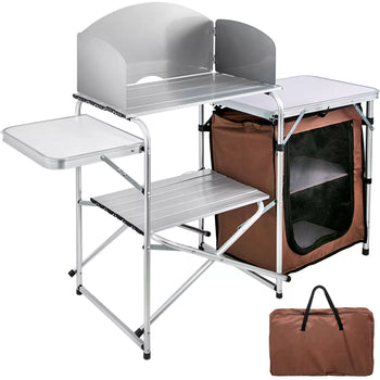Folding Camp Kitchen Table with Windshield and 2-Tier Storage Shelf