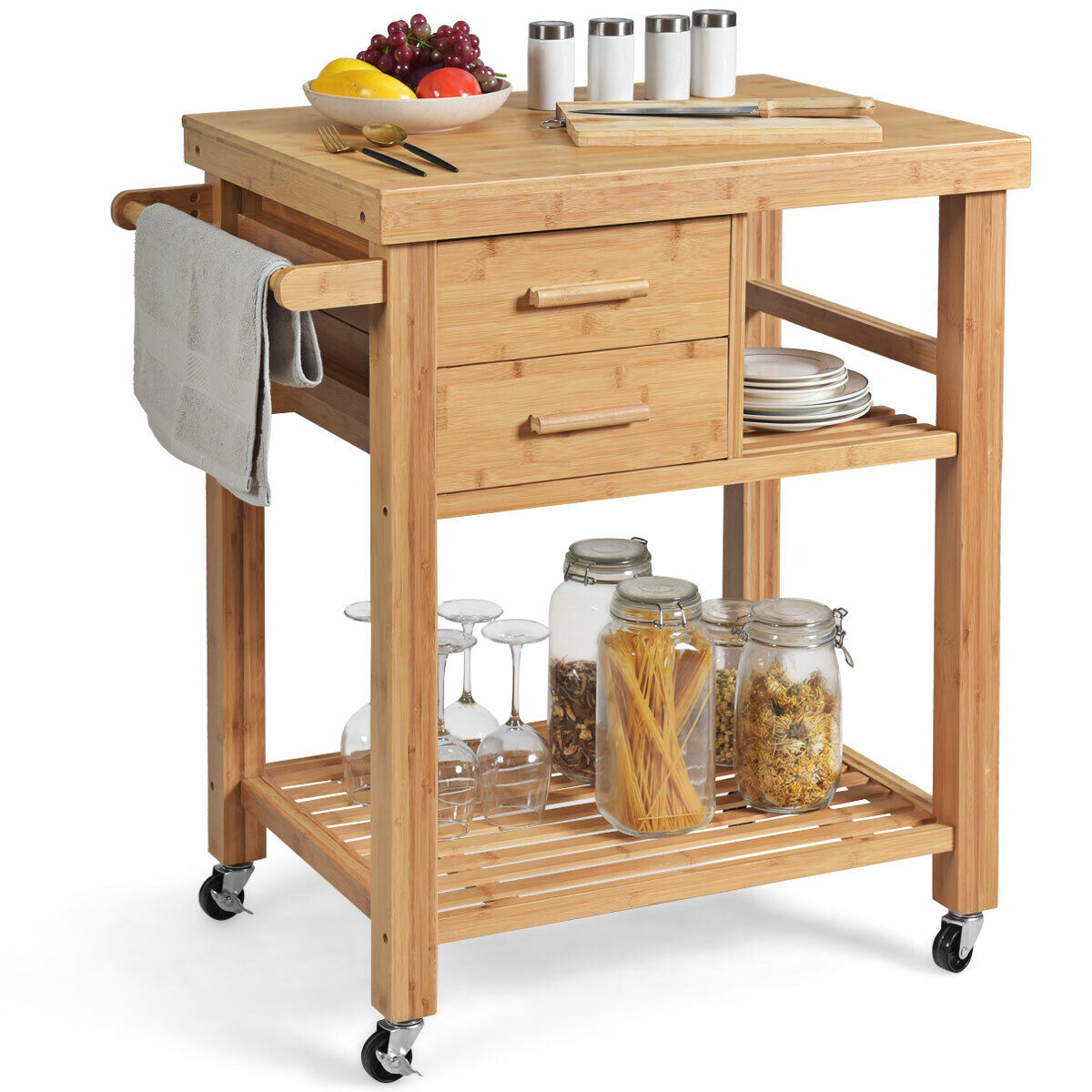 Bamboo Kitchen Trolley Cart w/ Drawers and Towel Rack Rolling Island