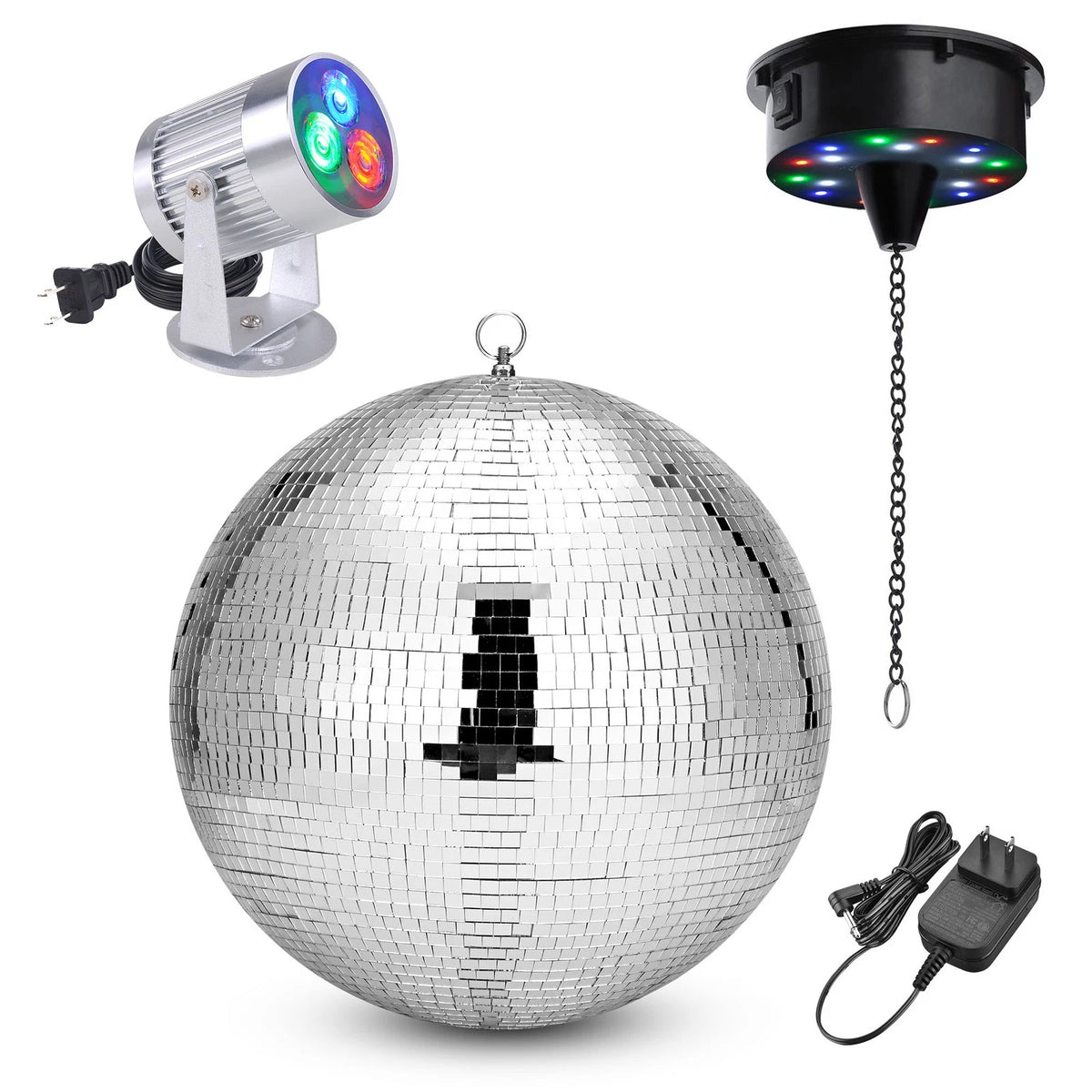 16" Mirror Disco Ball with 6RPM Motor & RGB LED Spotlight Party Set