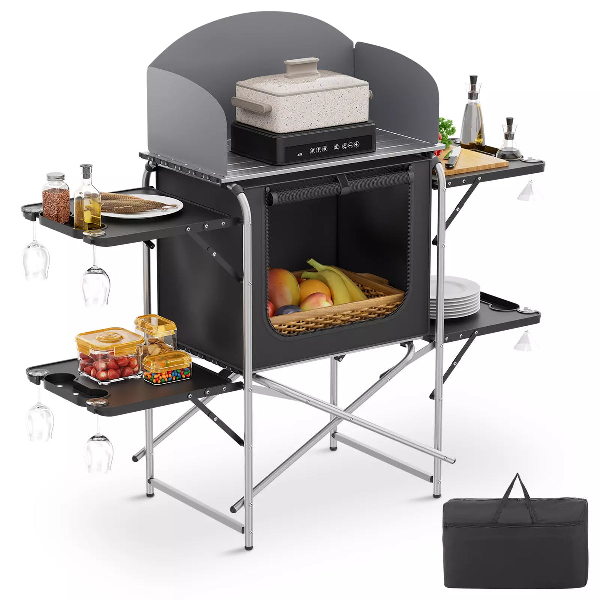 52" Folding Camping Kitchen Table with Windscreen and Storage Shelves