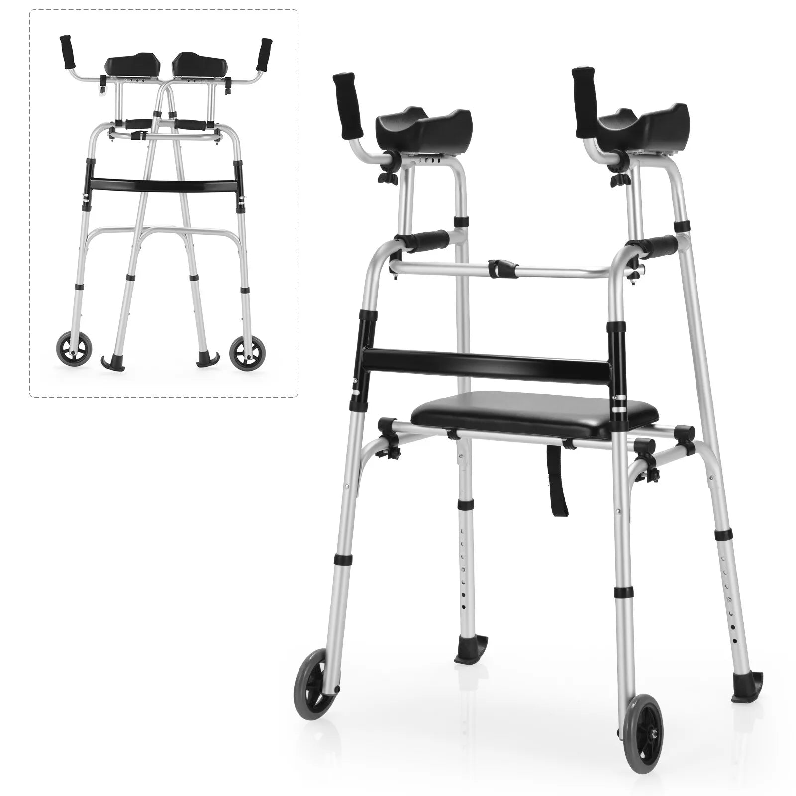 Foldable Aluminum Walker with Cushioned Seat & Wheels