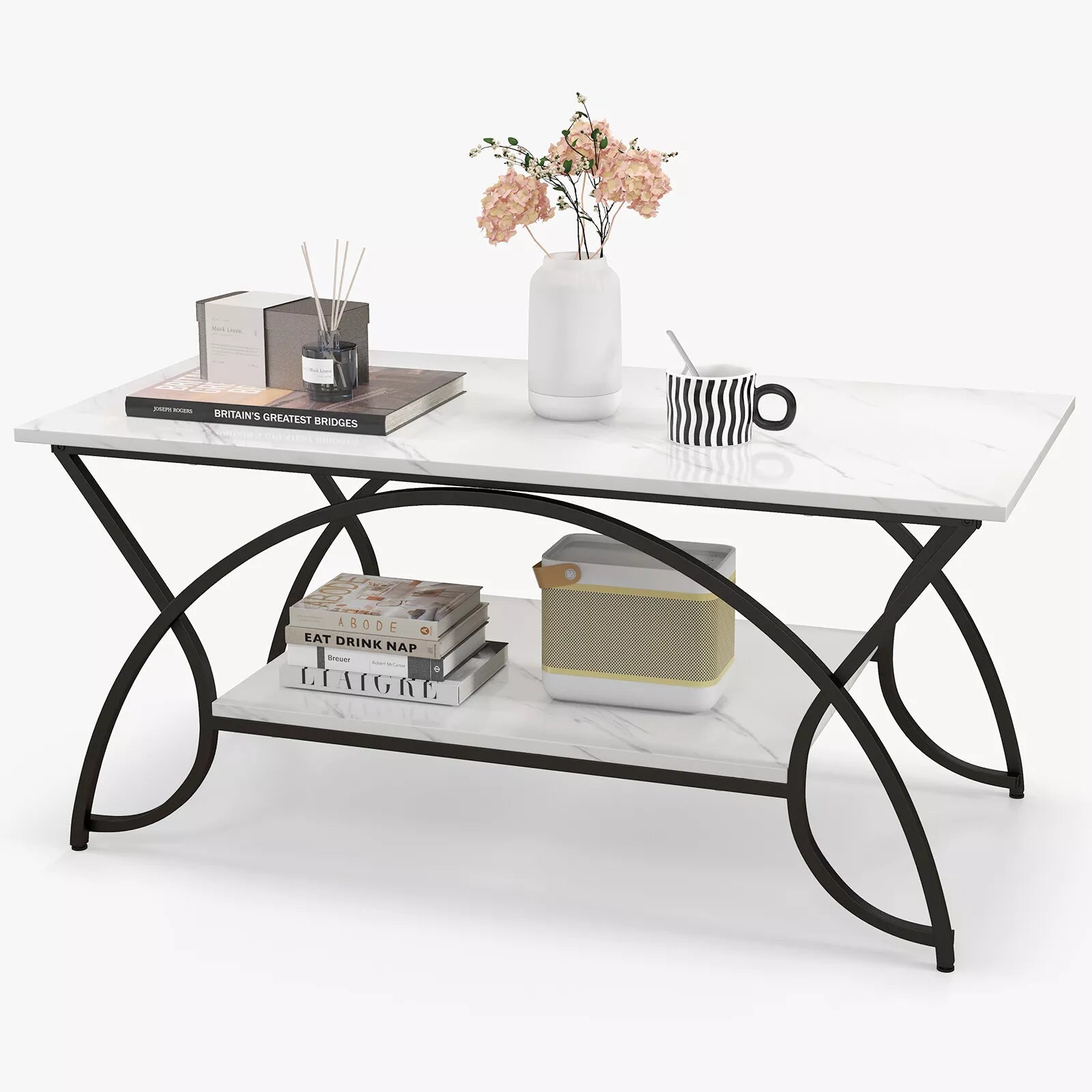 2-Tier Industrial Coffee Table with Storage Shelf