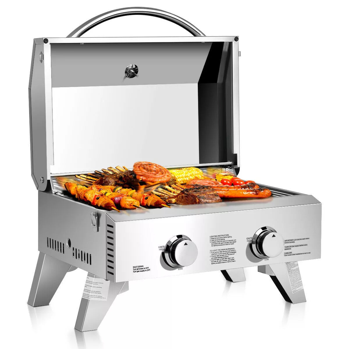 2-Burner Propane Gas Grill Stainless Steel Tabletop 20,000 BTUs