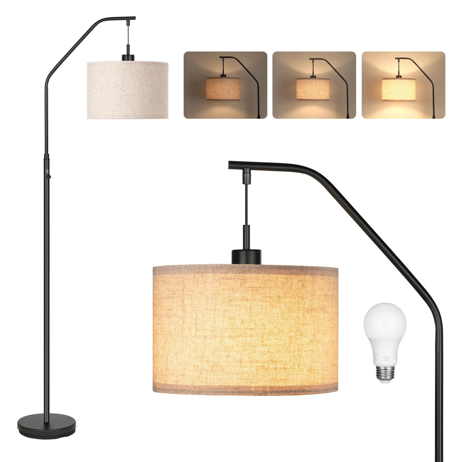 Arched Floor Lamp with Dimmable LED, Hanging Drum Shade, Black Kit LED