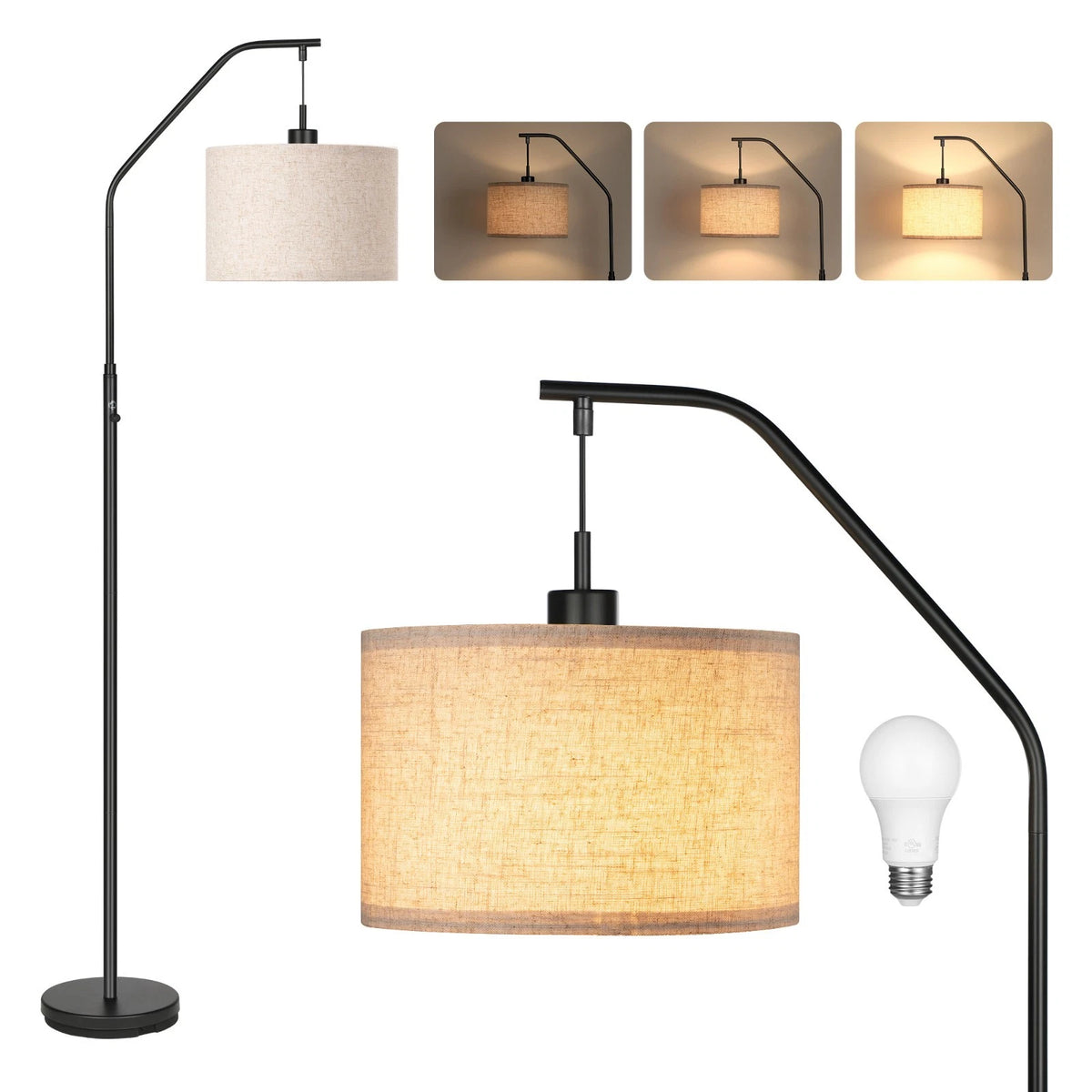 Arched Floor Lamp with Dimmable LED, Hanging Drum Shade, Black Kit LED