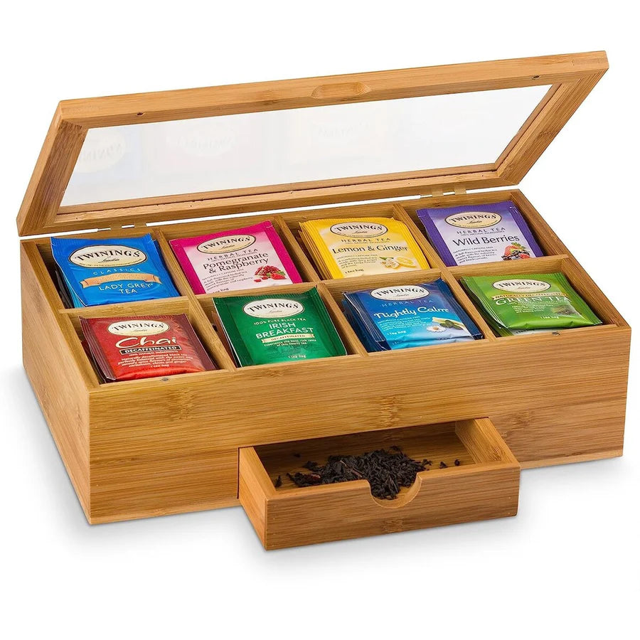 Bamboo Tea Bag Organizer 8 Compartments Clear Lid Magnetic Closure