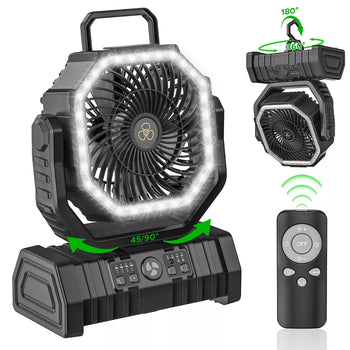 20000mAh Rechargeable Camping Fan with LED Light, USB & Remote Control
