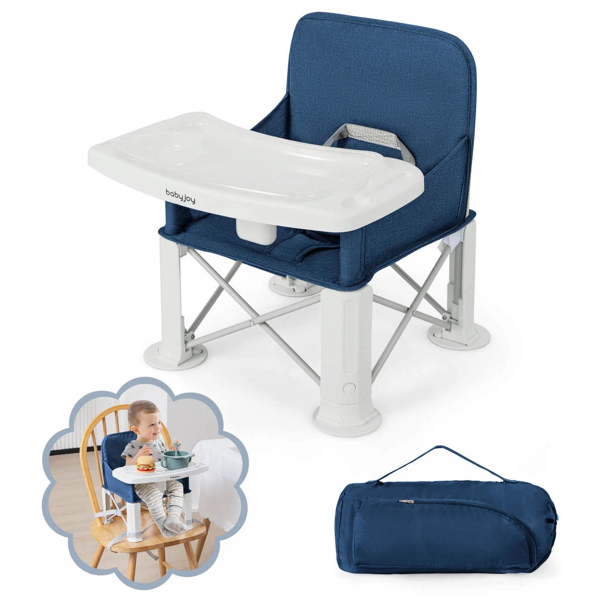 Folding Toddler Travel Booster Seat with Double Tray and Bag Blue