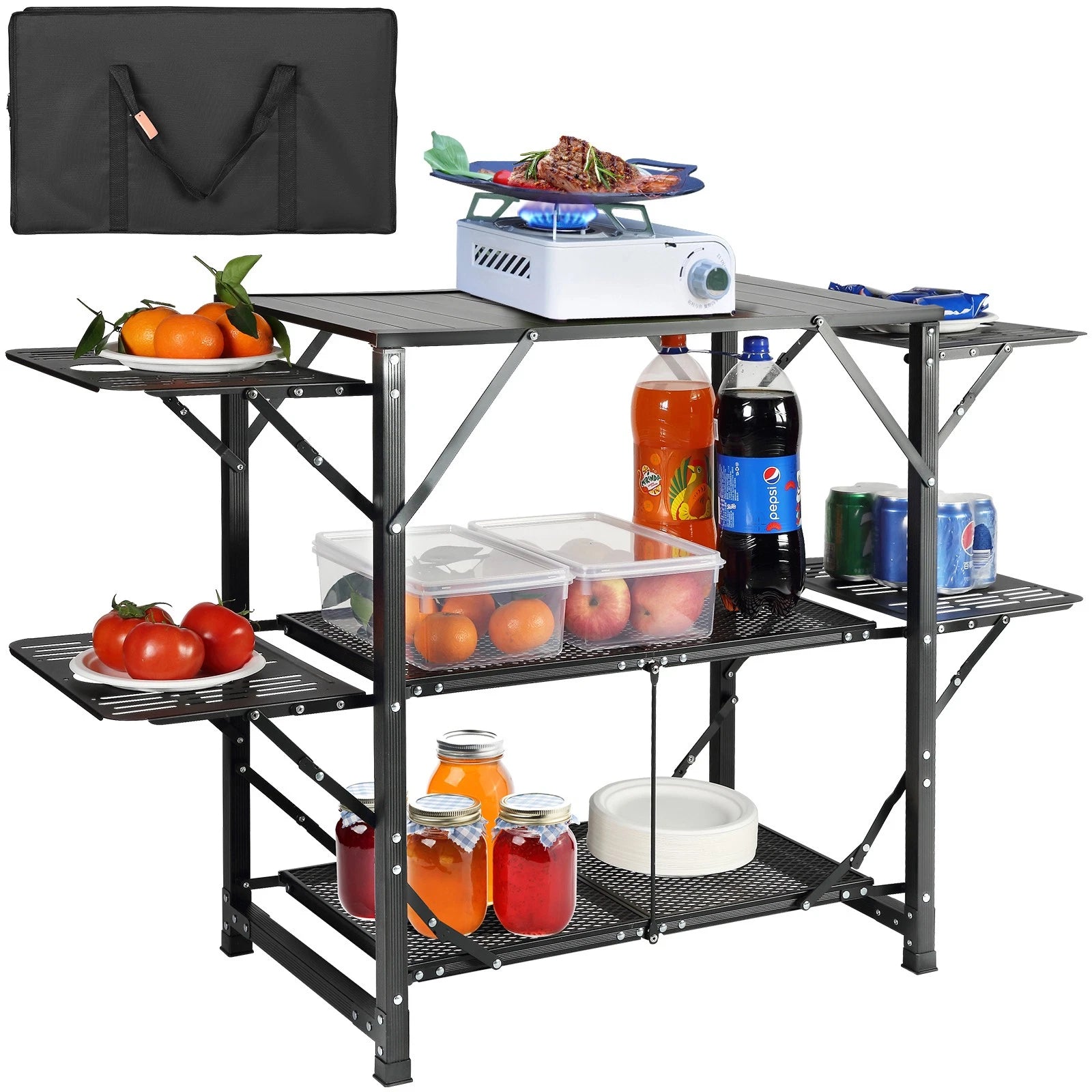 Portable Camping Kitchen Table with 5 Foldable Tables & 2 Storage Shelves