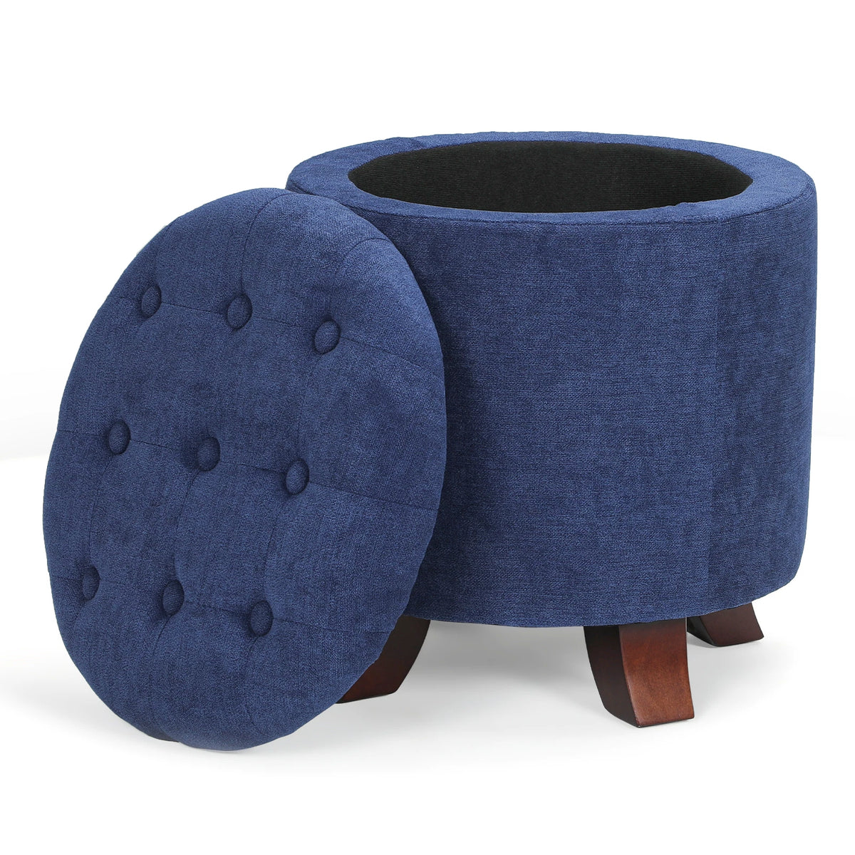 17" Round Navy Ottoman with Storage Padded Seat Lift-Off Lid