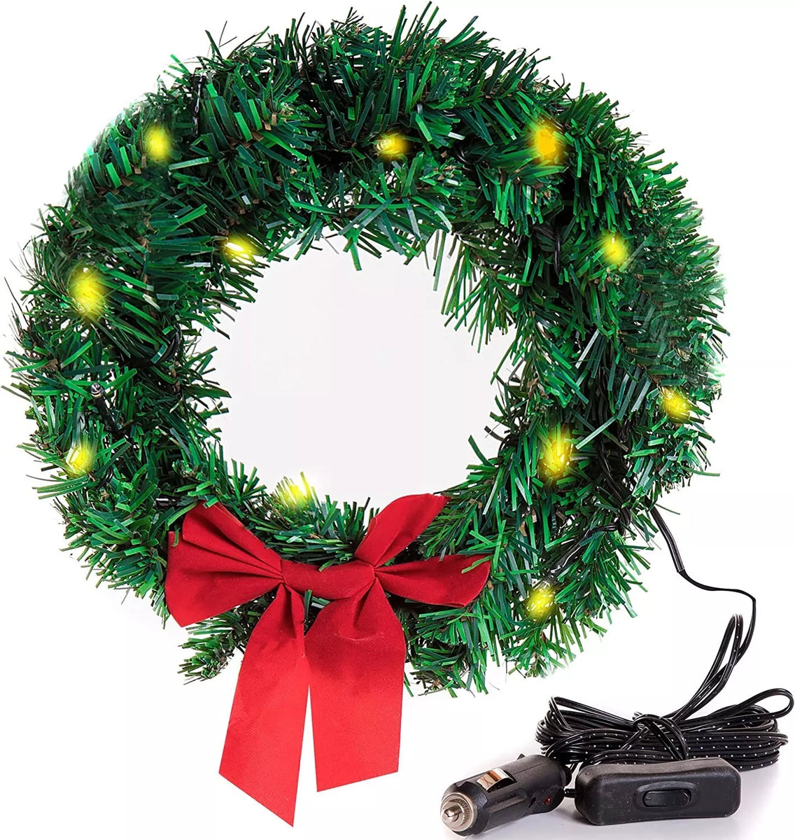 Christmas Car Wreath with LED Lights 12V Plug Weatherproof