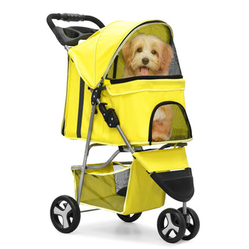 Yellow Folding Pet Stroller with Adjustable Sunshade for Dogs and Cats