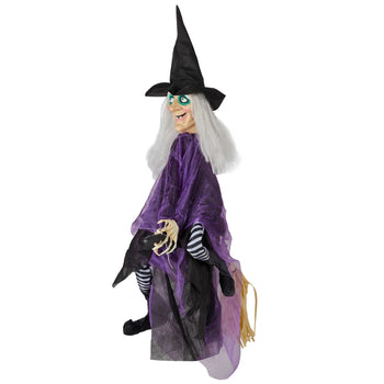 3 FT Animated Talking Witch with Glowing Eyes and Broom Halloween Decor