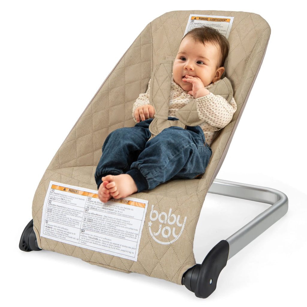 Folding Baby Bouncer with Ergonomic Backrest Breathable Design Beige