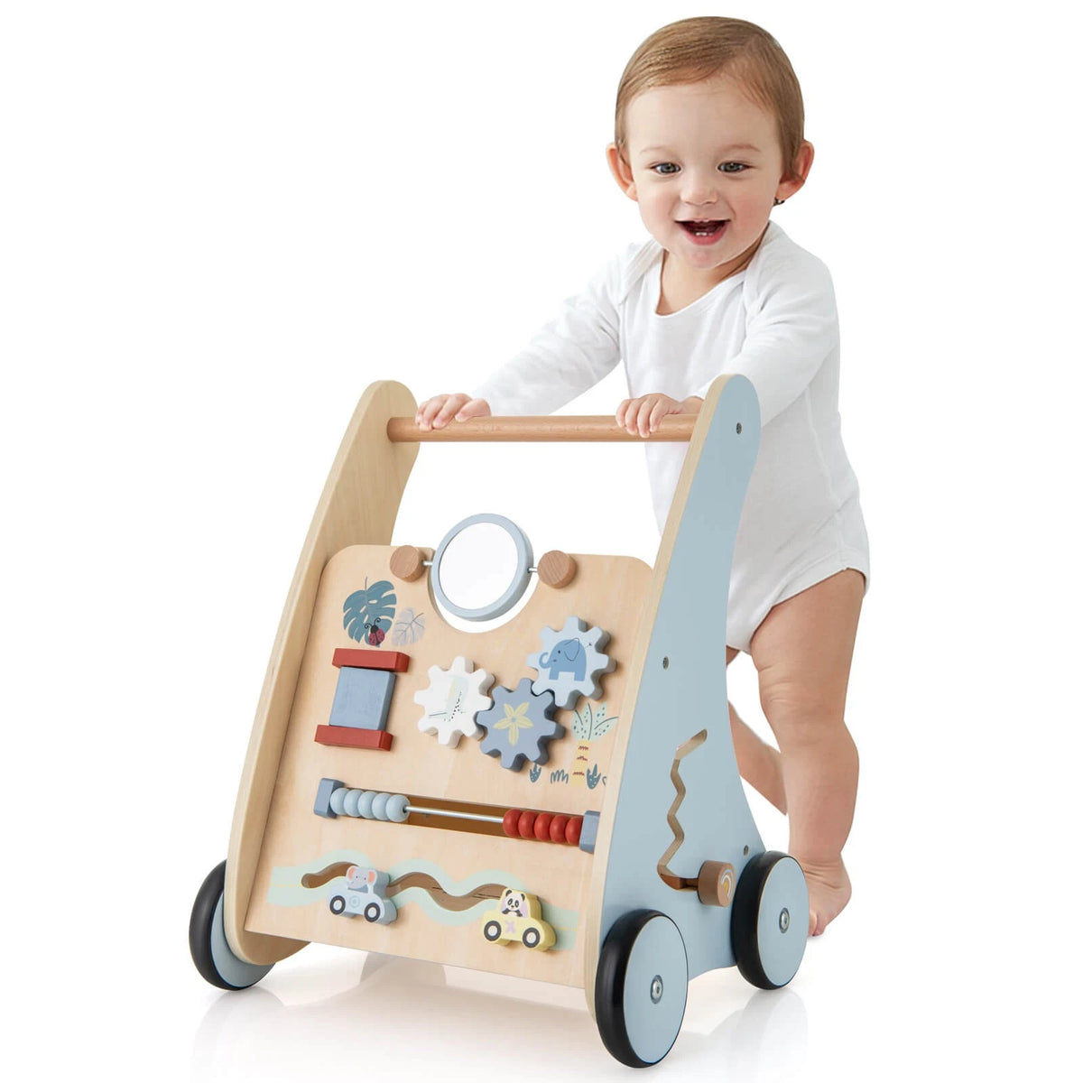 Wooden Baby Push Walker with Multi-Activity Learning Center & Storage