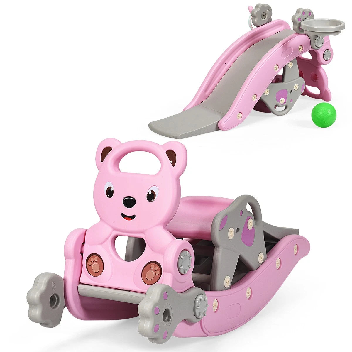 4-in-1 Toddler Rocking Horse Slide Set with Hoop & Ring Toss Pink