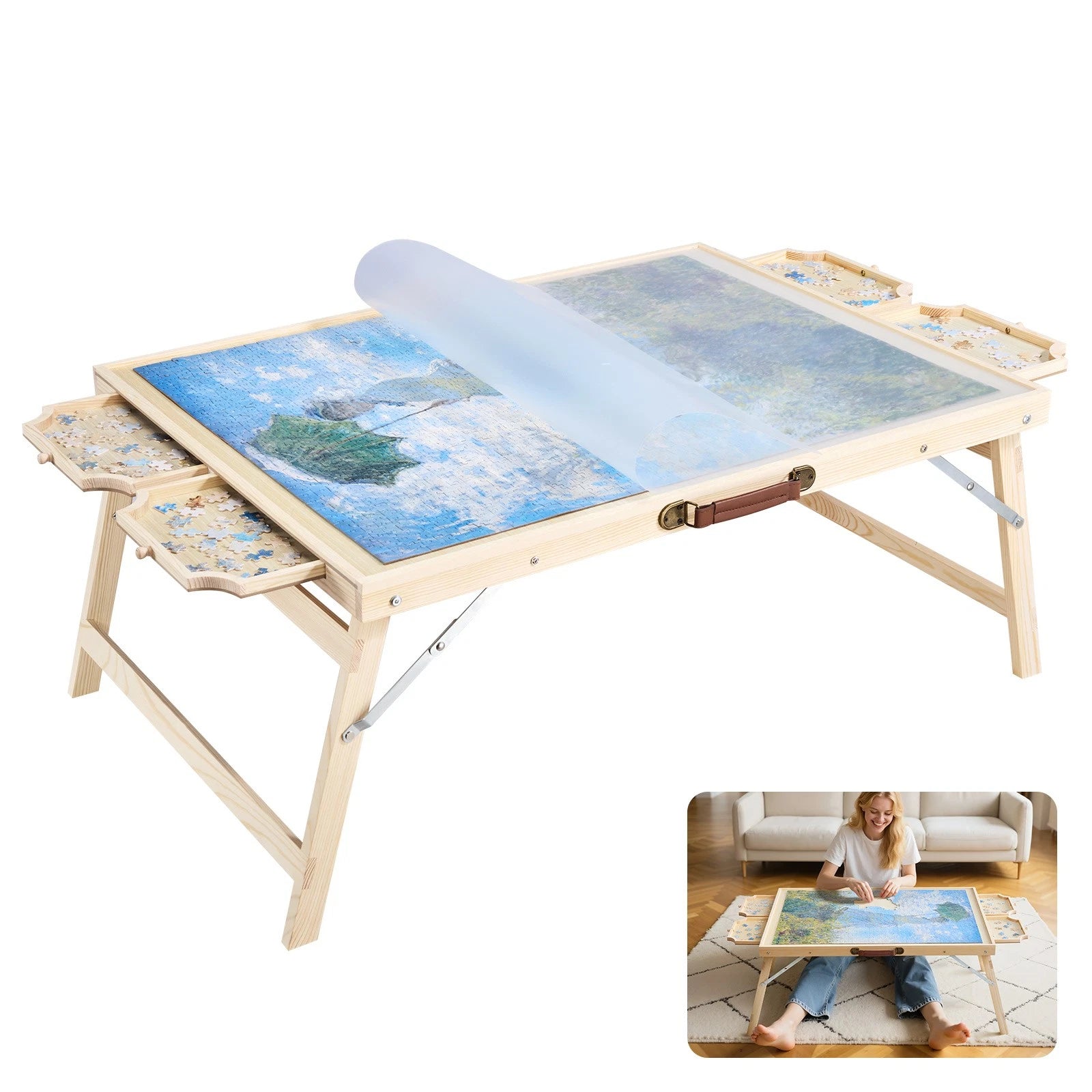 Foldable Wooden Puzzle Table with Drawers & Clear Cover for 1500 Pieces