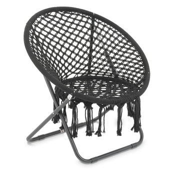 Folding Black Boho Saucer Chair with Metal Frame for Lounge or Patio
