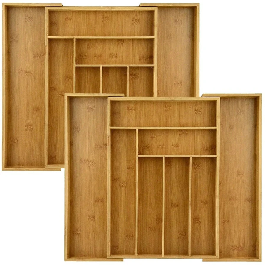 2-Piece Bamboo Expandable Drawer Organizer with 6-8 Adjustable Slots