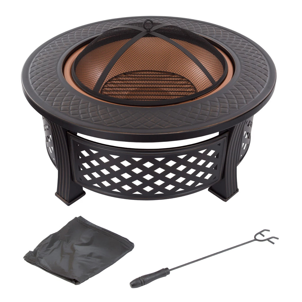 32-Inch Round Wood Burning Fire Pit with Spark Screen Cover and Log Poker